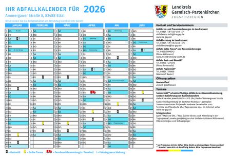 Abfallkalender der Gemeinde Ettal für das erste Halbjahr 2026