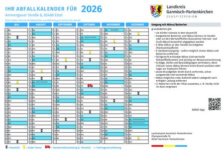 Abfallkalender der Gemeinde Ettal für das zweite Halbjahr 2026