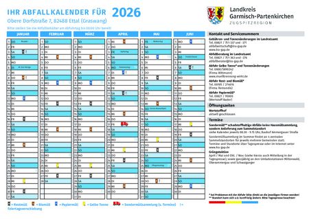 Abfallkalender für den Ortsteil Graswang der Gemeinde Ettal für das erste Halbjahr 2026