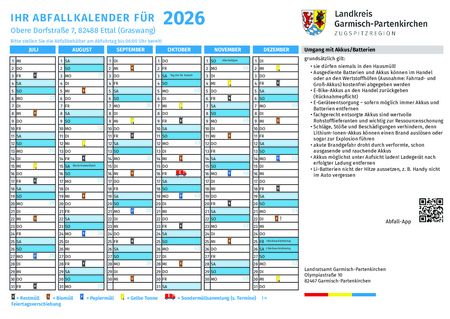 Abfallkalender für den Ortsteil Graswang der Gemeinde Ettal für das zweite Halbjahr 2026
